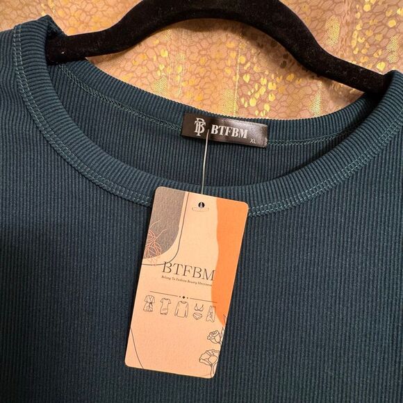 BTFBM Dark Emerald Green Ribbed Long Sleeve Bodycon Side Tie Mini Dress XL - Picture 4 of 9